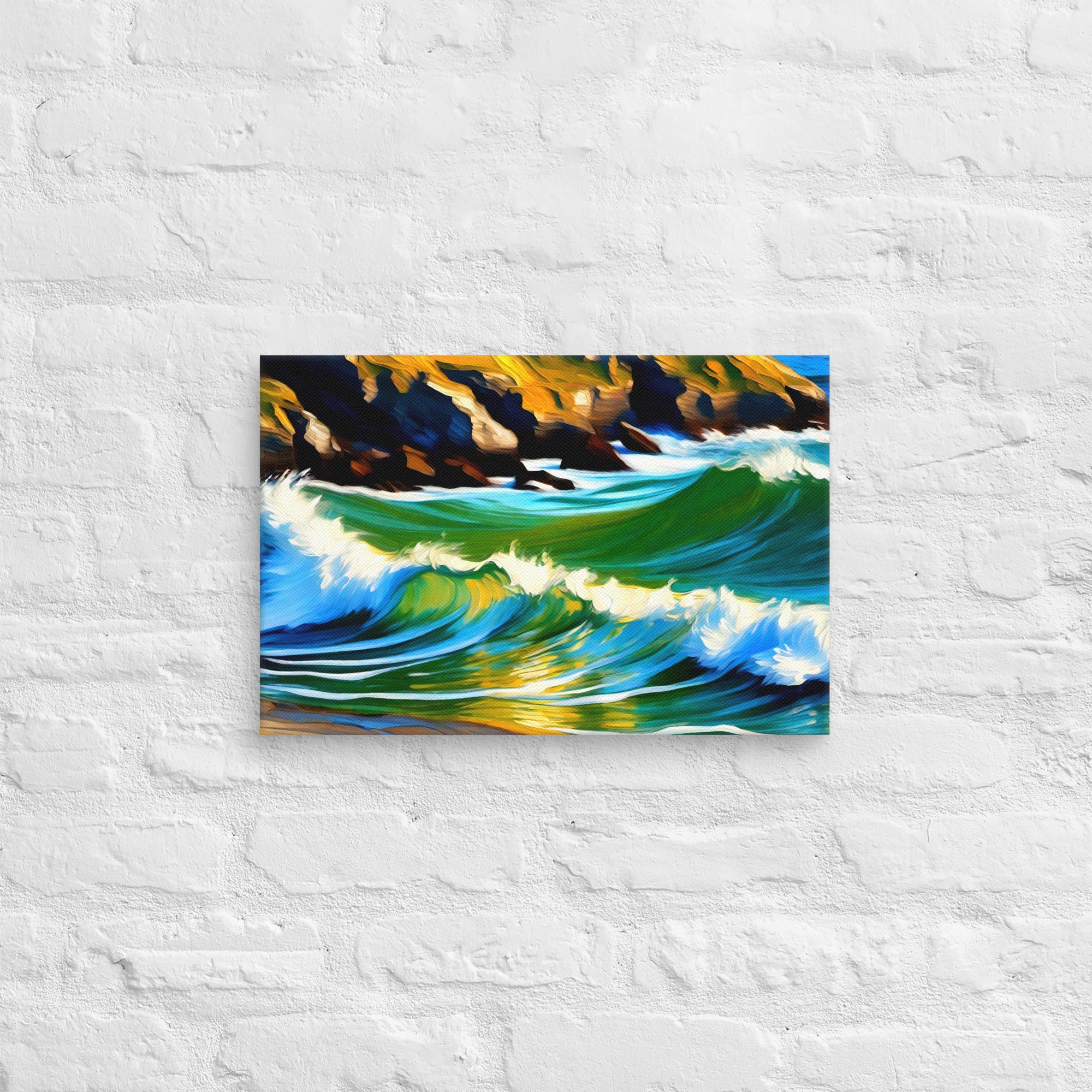 Powerful ocean waves crash with motion. Dynamic brushstrokes create a sense of movement. Blue, green, and white swirl forming undulating curves. Rich blues suggest ocean's depth. Golden hues evoke sun's warmth. Vivid emerald waves have frothy white crests.