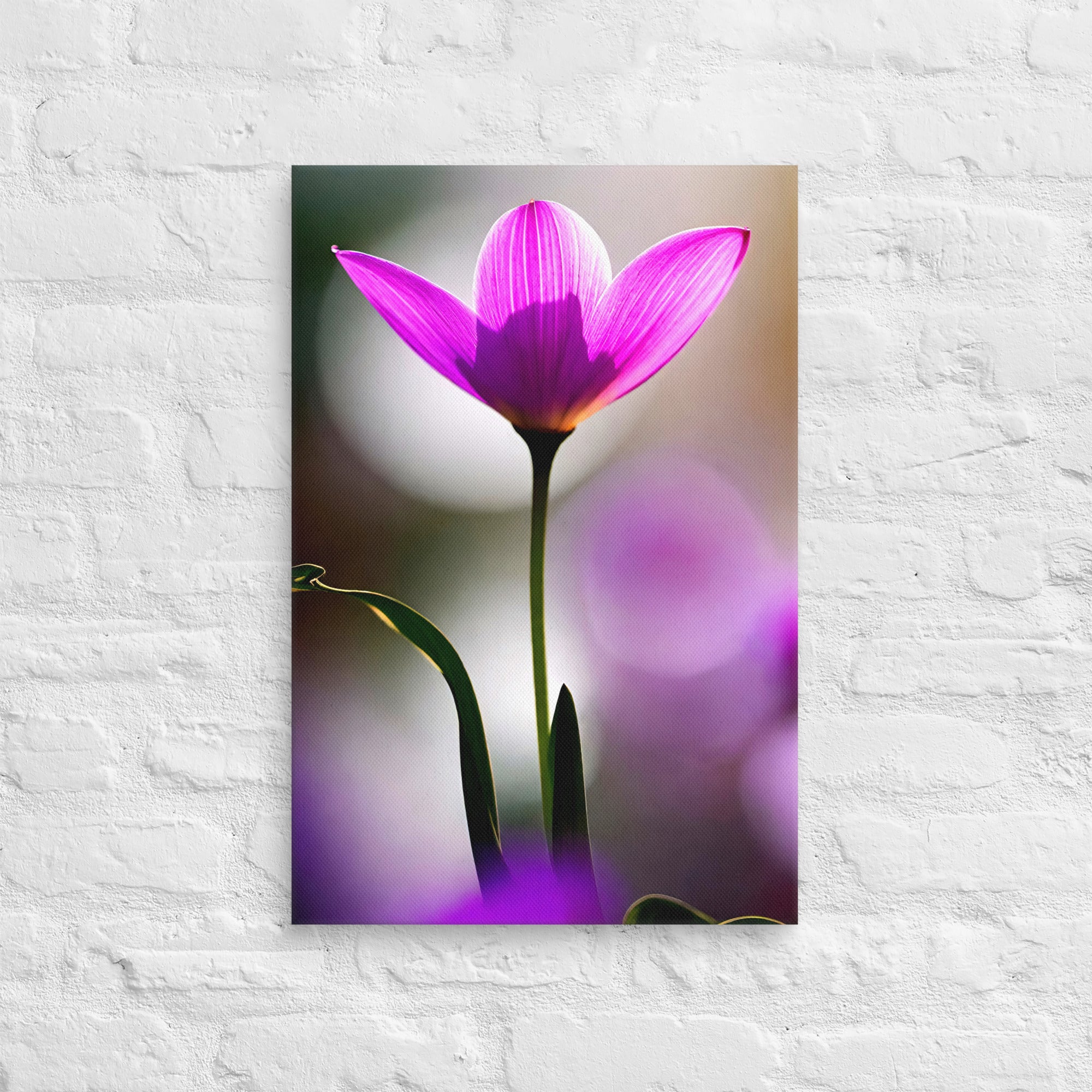 Vibrant purple petals unfurl gracefully. Rich hues transition from magenta tips to warm orange center. Delicate stem and verdant leaves contrast softly blurred backdrop. Masterful lighting creates ethereal, dreamy quality.