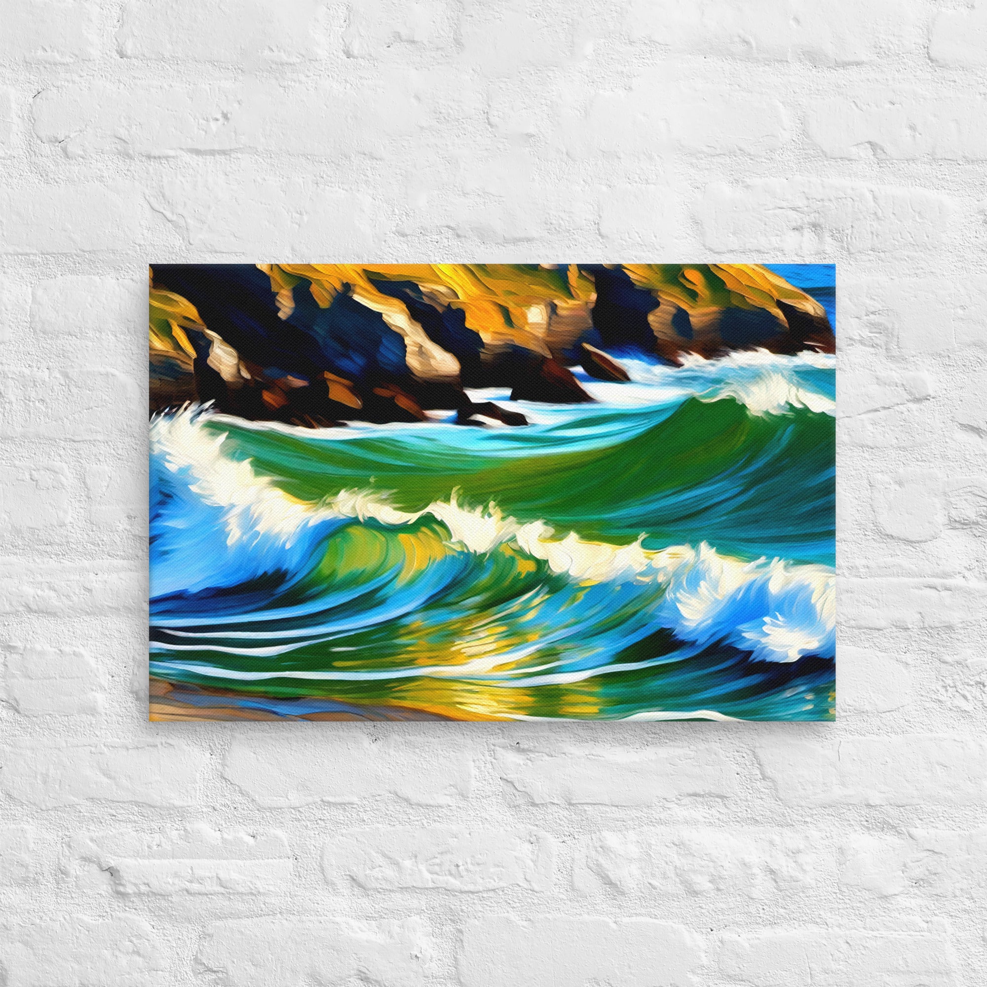 Vibrant seascape art vividly depicts waves. Crashing against rocky cliffs with interplay. Of bold colors and textures, showcasing. Beauty of dynamic natural forces.