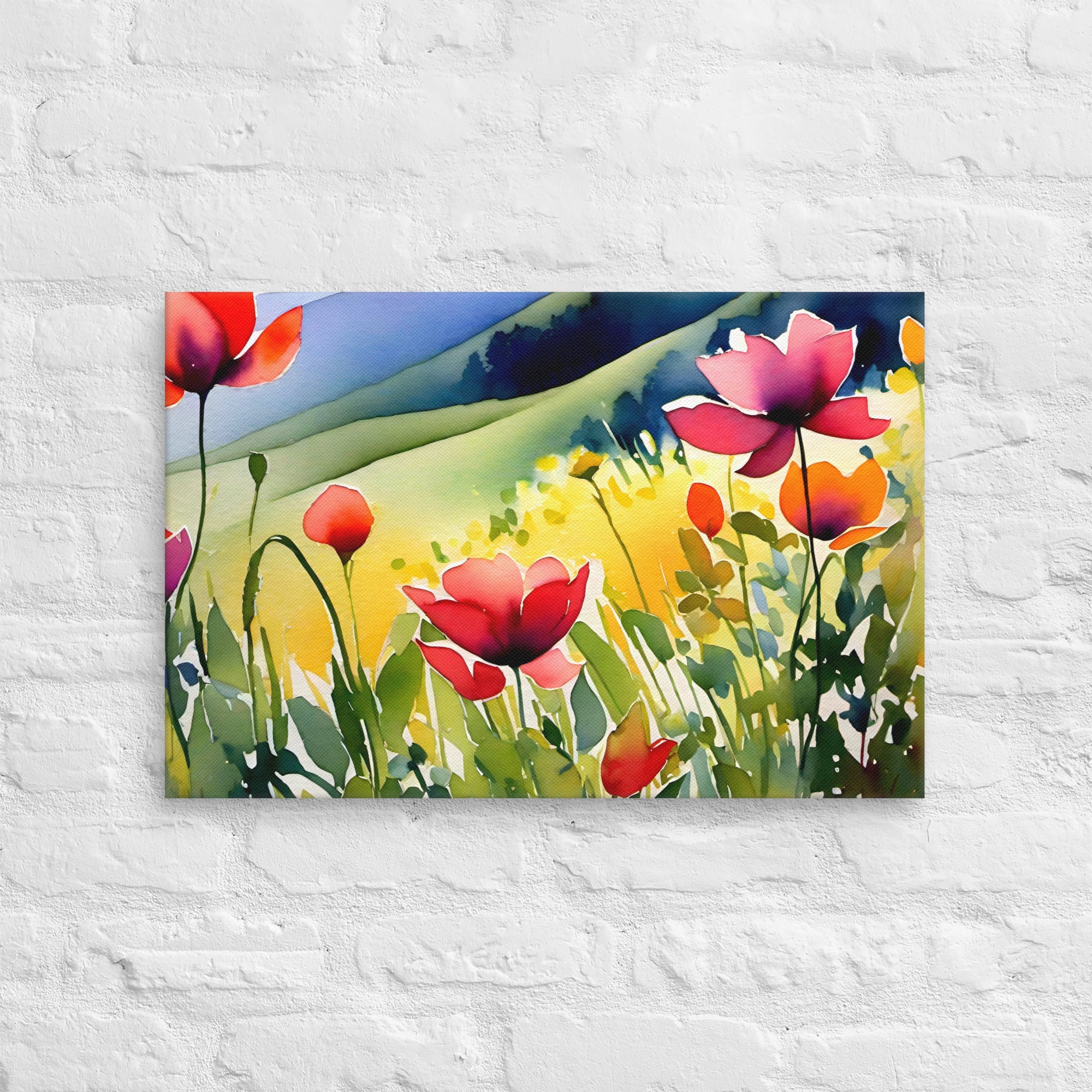 Vibrant red, pink, orange, yellow blooms erupt. Meadow scene painted with impressionistic brushstrokes. Lush floral vista rendered vibrantly.