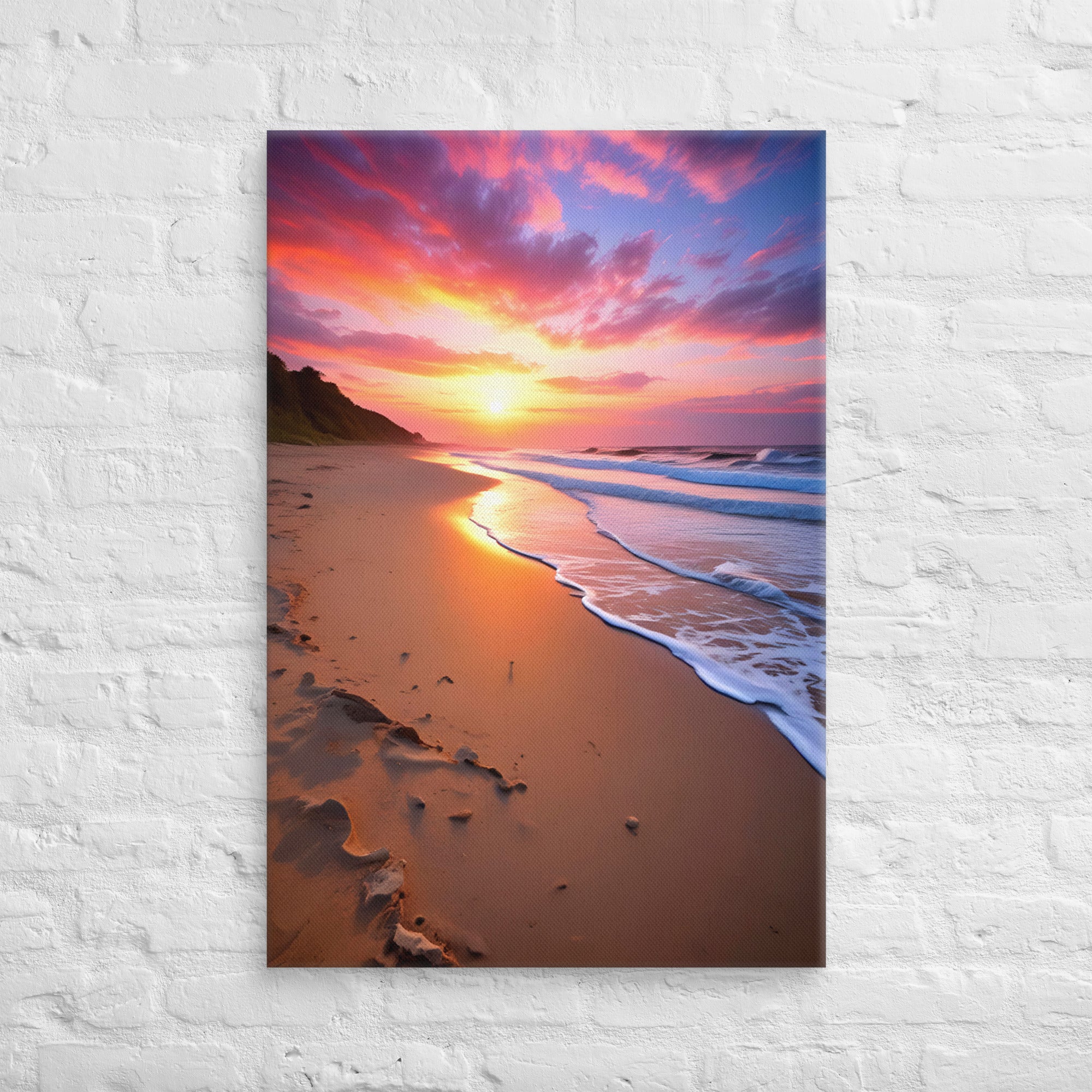 Vibrant sunset colors swirled in clouds. Golden sun dipped below horizon, casting warm glow across gentle waves. Sandy shore with footprints and rocks invited tranquil escape.