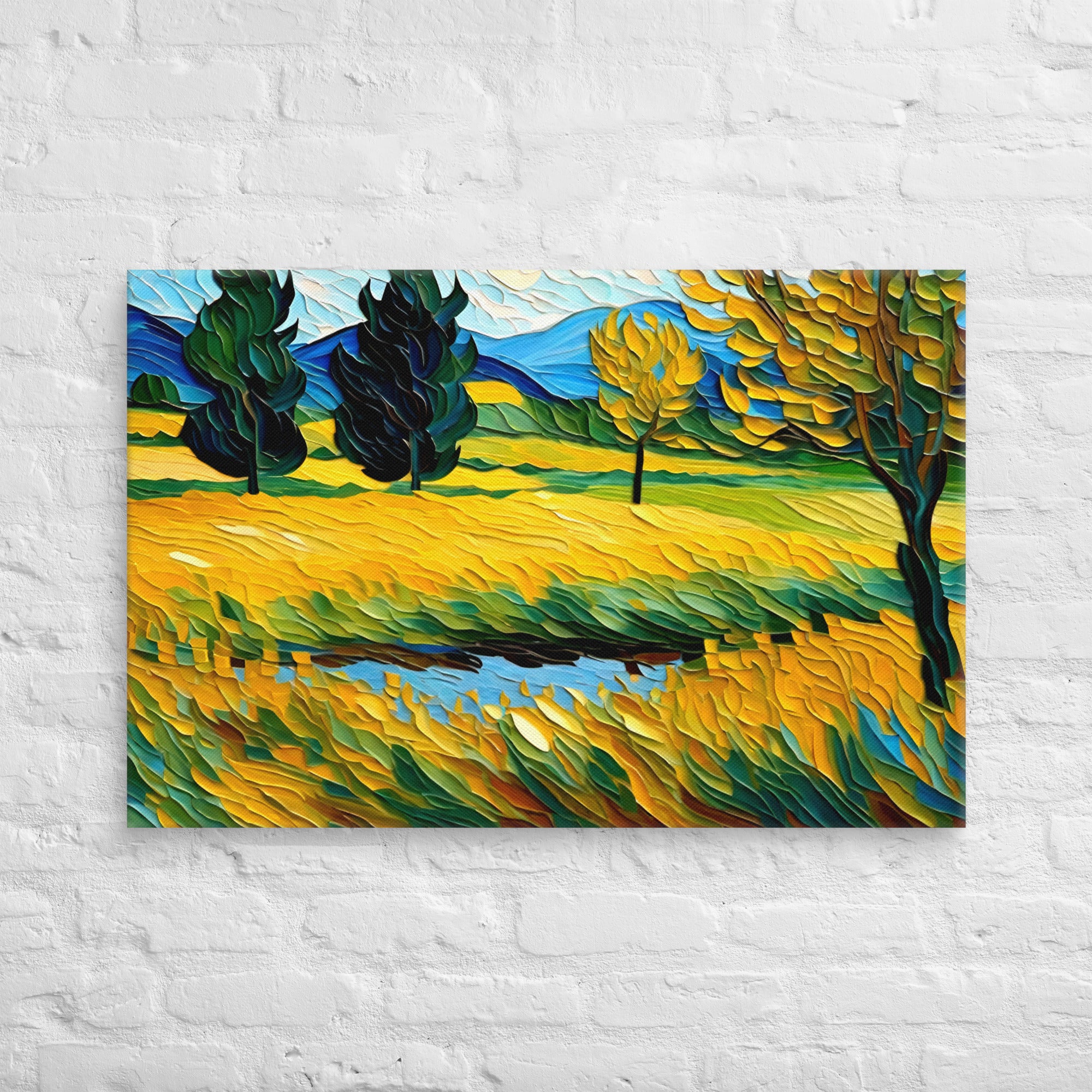 Golden wheat fields wave under trees. A stream winds through autumnal scenery. Vibrant Van Gogh landscape serves as inspiration.