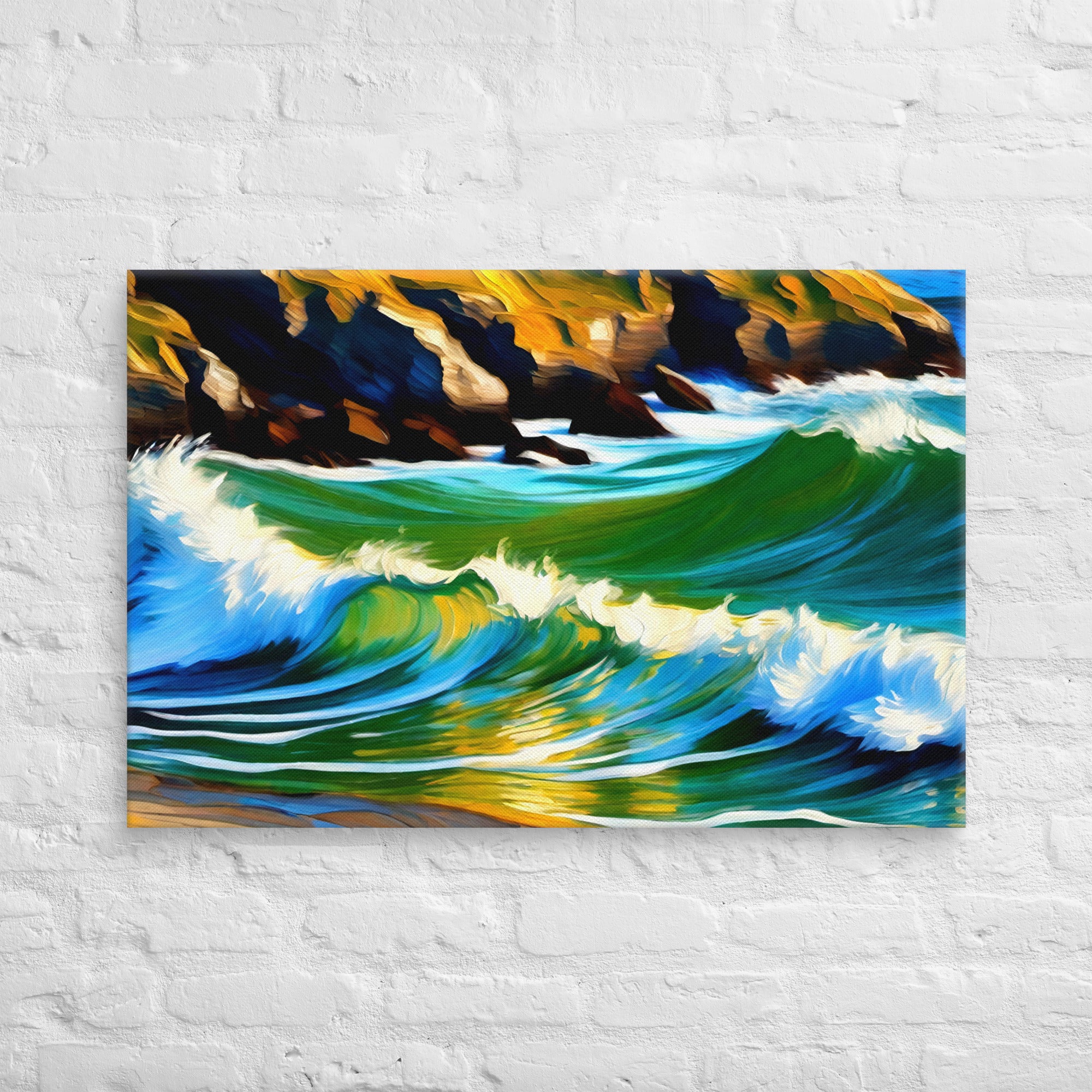 Ocean waves powerfully crash into rocky cliffs. Blue, green, white shades undulate gracefully. Frothy whitecaps curl over swelling waves. Amber, navy cliffs contrast fluid motion. Nature's raw power masterfully captured.