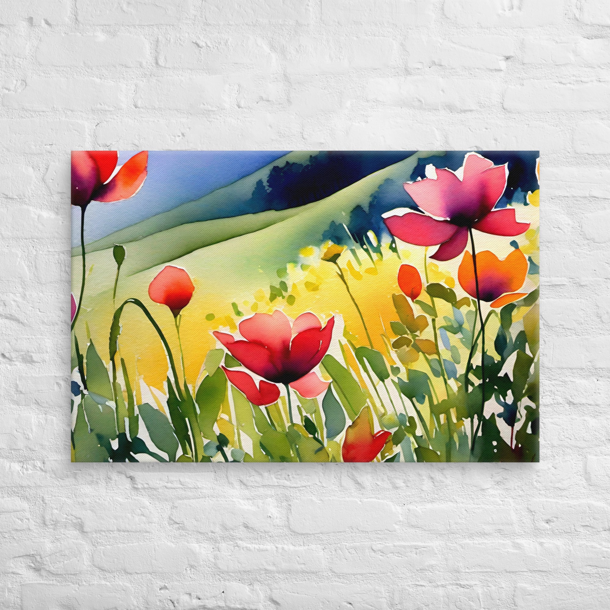 Vibrant red, pink, orange tulips bloom. Rolling hills under azure heavens create picturesque scene. Meadow captivates with vibrant hues.