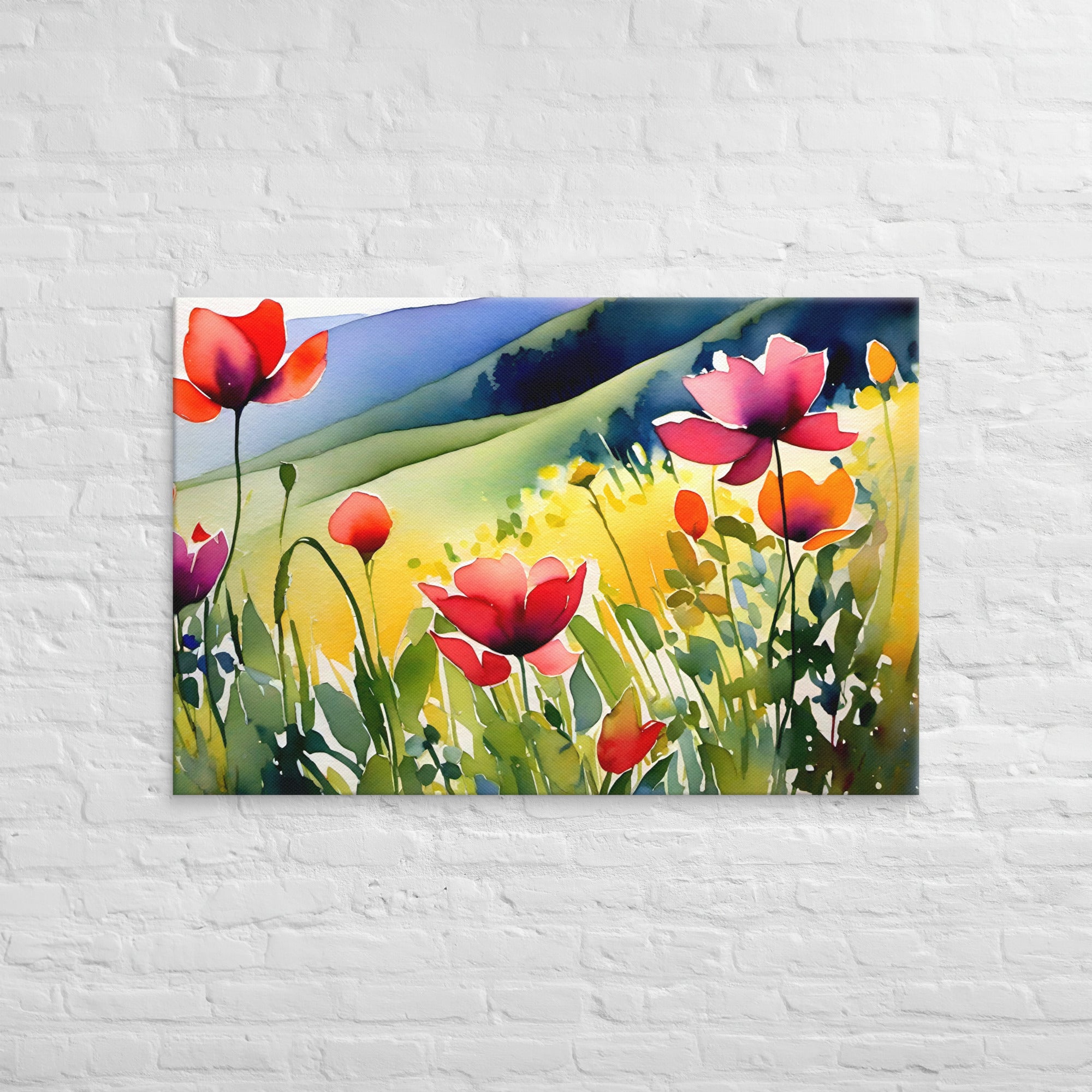 Stylized painting illustrates vibrant meadow. Tulips bloom in red, pink, orange, yellow. Green rolling hills span beneath blue sky.