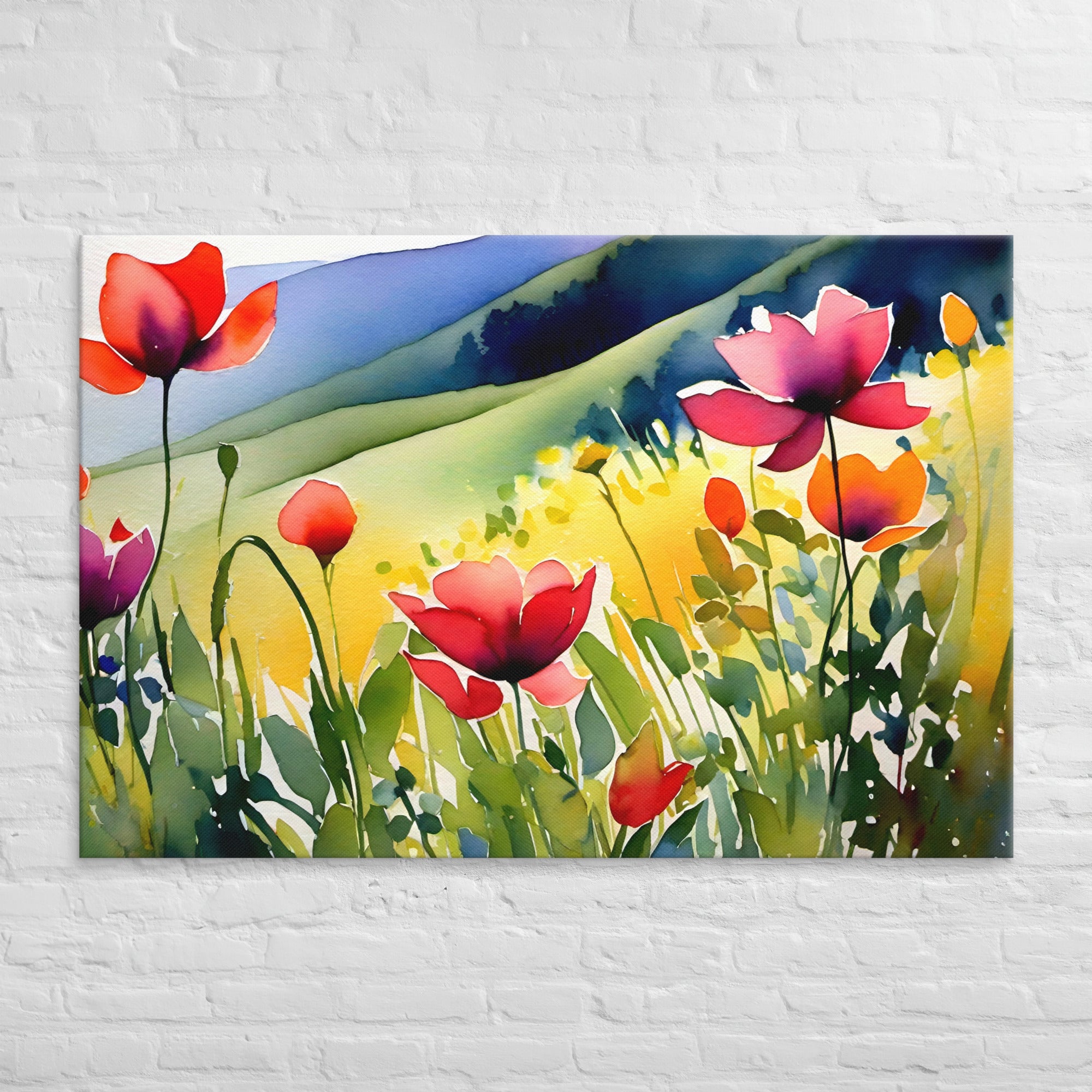 Red, orange, and pink poppies flourish on rolling hills. Vibrant hues burst across the meadow landscape. The scene emanates natural beauty.