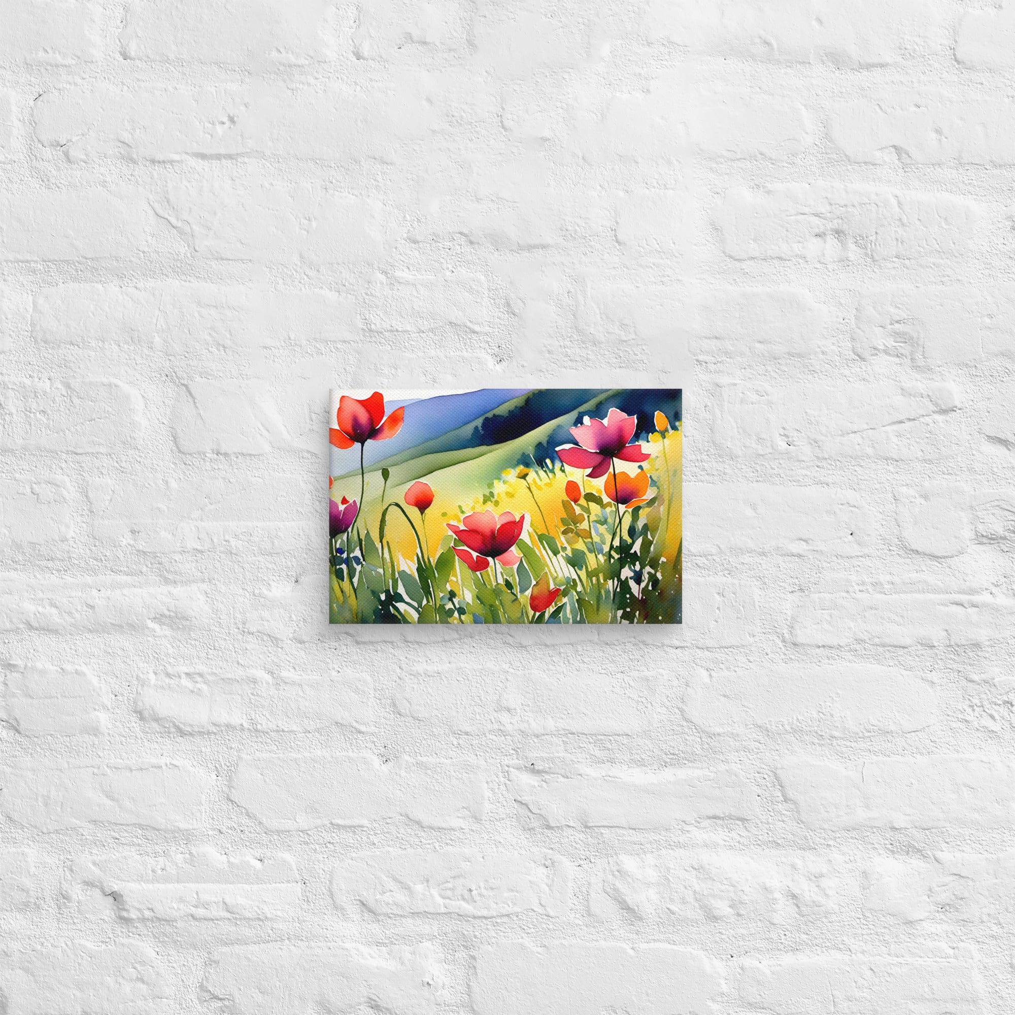 Vivid red, pink, yellow tulips bloom. Lush meadow bursts with vibrant colors. Serene green, blue hills roll tranquilly. Joyful scene captures nature's radiant renewal.