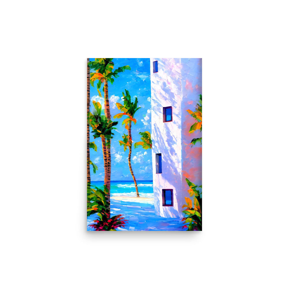 A Painting Of Palm Trees On A White Sand Beach.