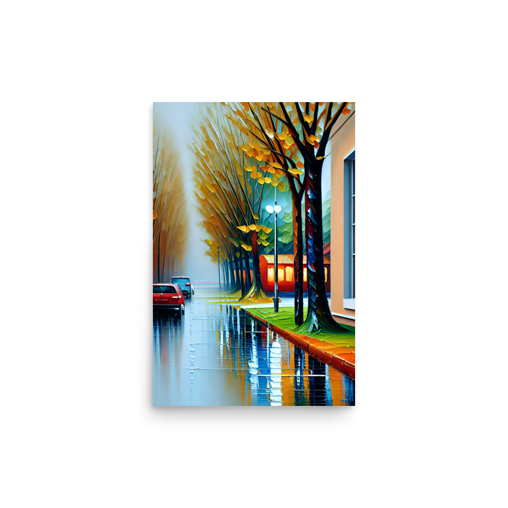 Beautiful Reflective Streets In A Palette Knife Painting Style.