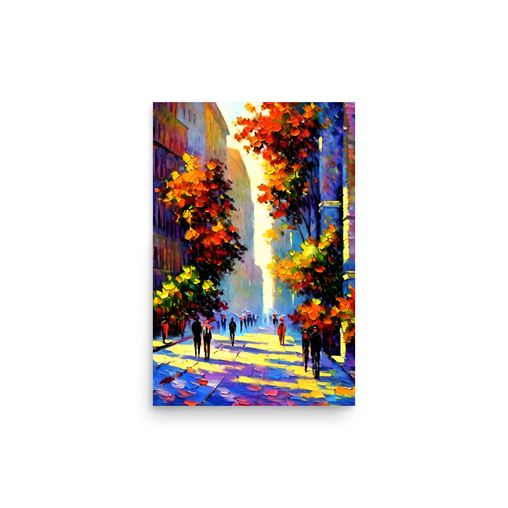 Vibrant trees engulf street in fiery oranges. Golden yellows, deep crimsons ablaze contrast cool purple, blue buildings. Sunlight filters through warm glow cast. Silhouettes stroll adding life, movement to bold brushstrokes.