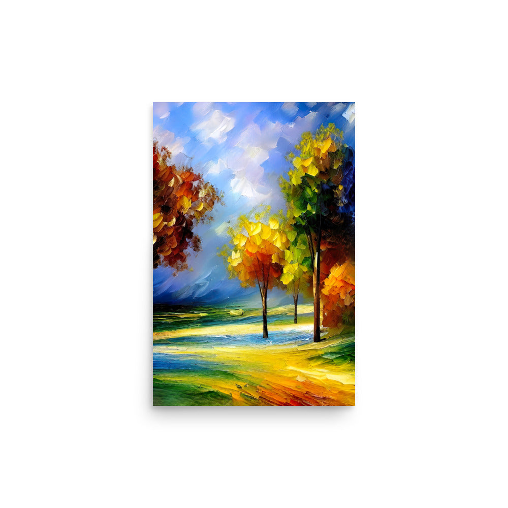A Vibrant And Colorful Landscape Painting With Bright Yellow Trees