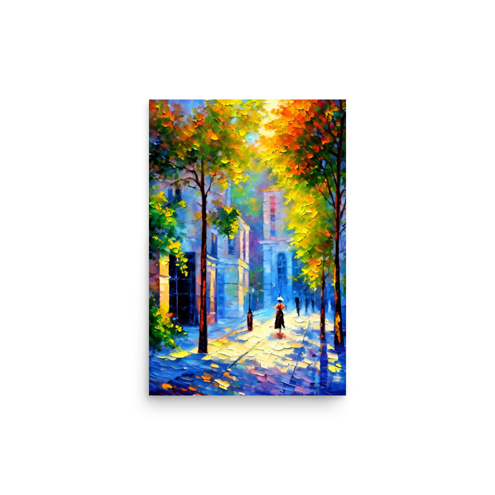 A Painting Of A Downtown Scene With Colorful Autumn Trees.