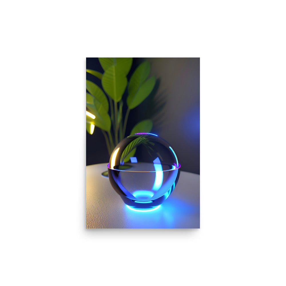 A Modern Art Glass Sphere Reflecting Neon Blue Light.