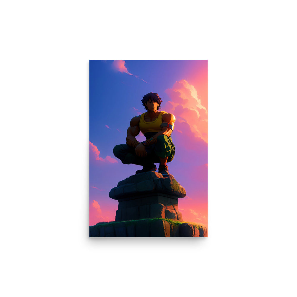 Colorful Art Prints Of A Muscular Anime Guy In A Sunset Background.