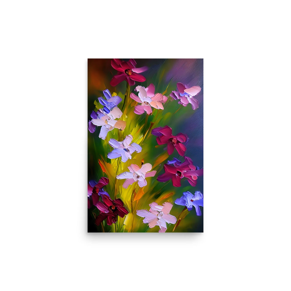 Orchids bloom in vibrant hues - fuchsia, magenta, pinks, lavenders and golden yellows. Expressive brushstrokes form delicate petal folds. A rich green and blue background envelops the blooms joyfully celebrating nature's fleeting beauty.