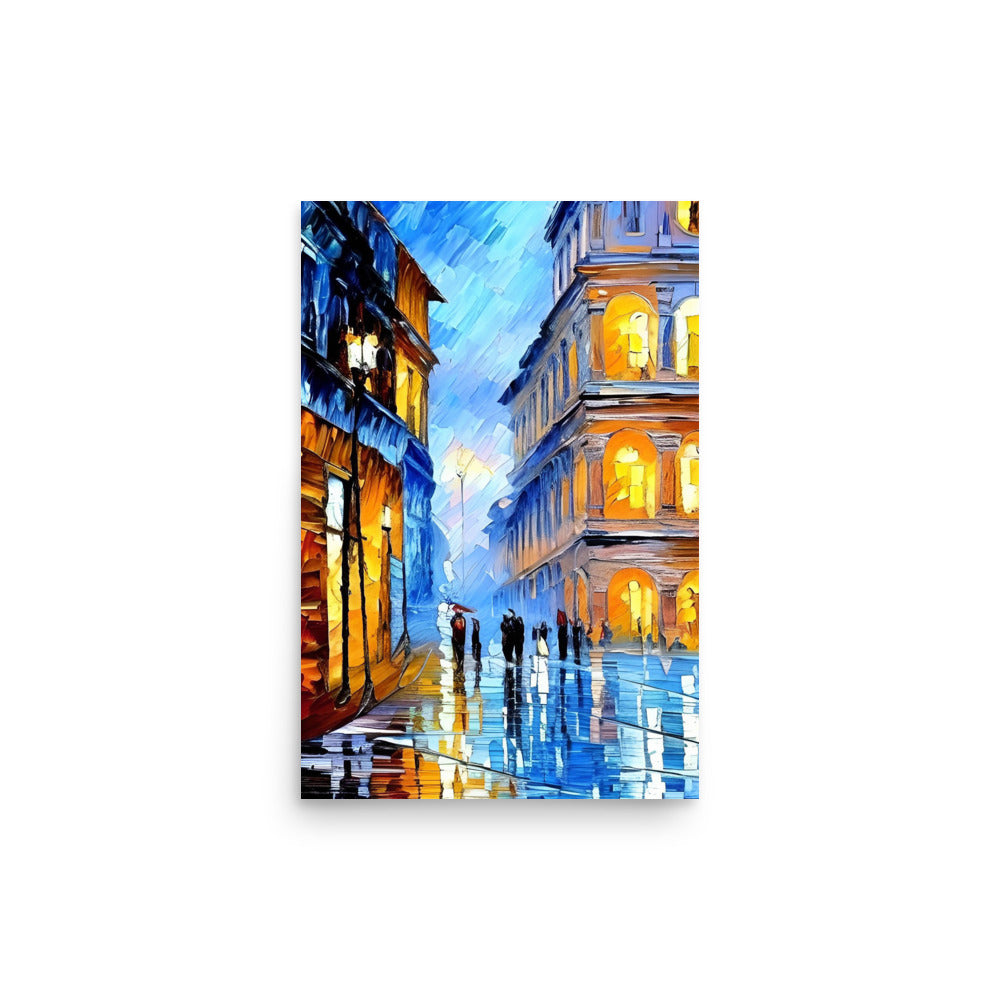 Glowing windows illuminate the city's nightscape. Pedestrians leisurely stroll along wet cobblestones. Vibrant painting vividly captures bustling scene.