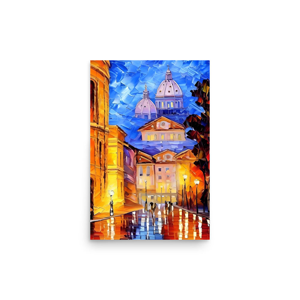 Vibrant illuminated buildings compose cityscape scene. Centrally located domed cathedral towers imposingly. Golden architecture lines rain-slicked streets with strolling pedestrians, reflected in puddles.