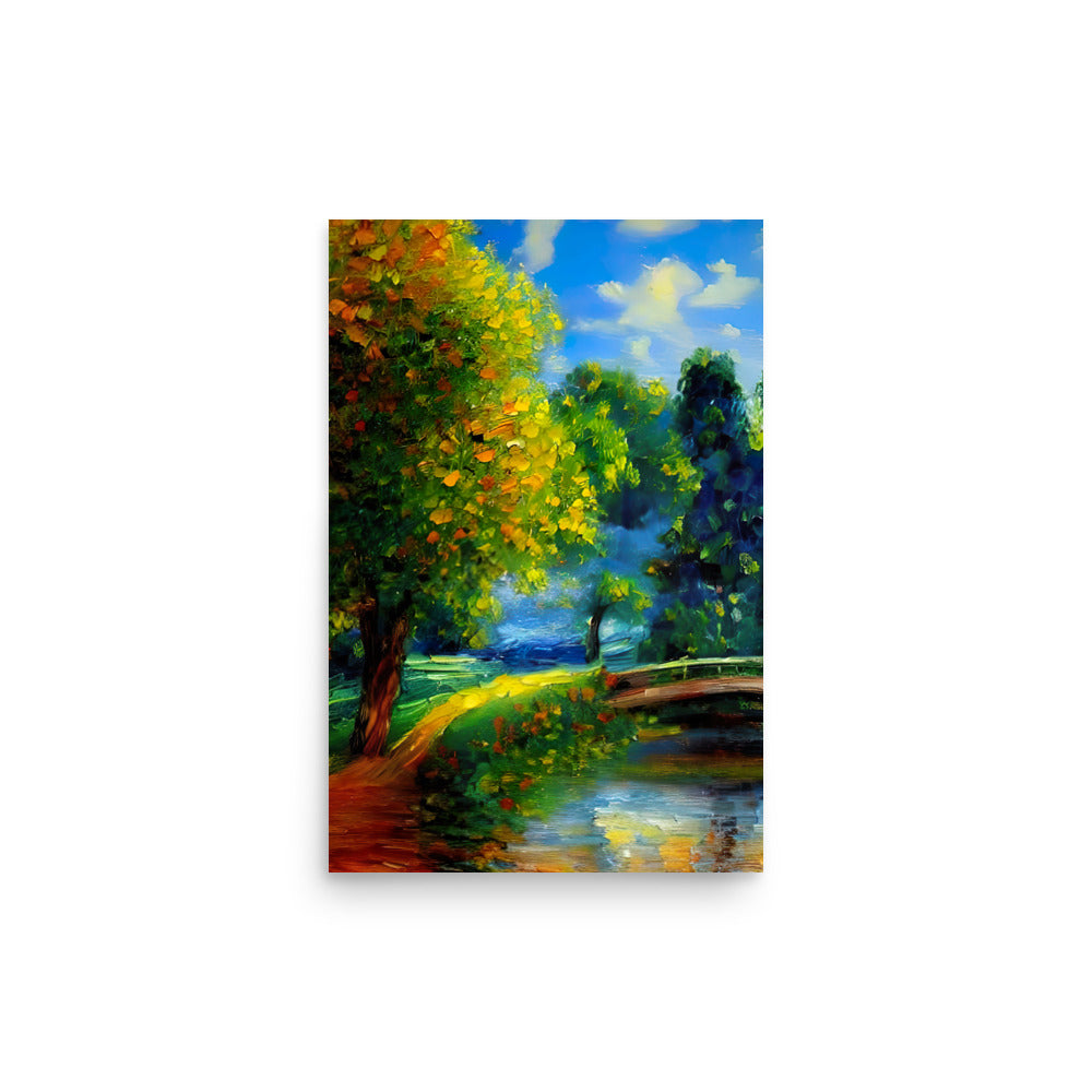 A Painting With A Beautiful Autumn Tree And A Little Bridge