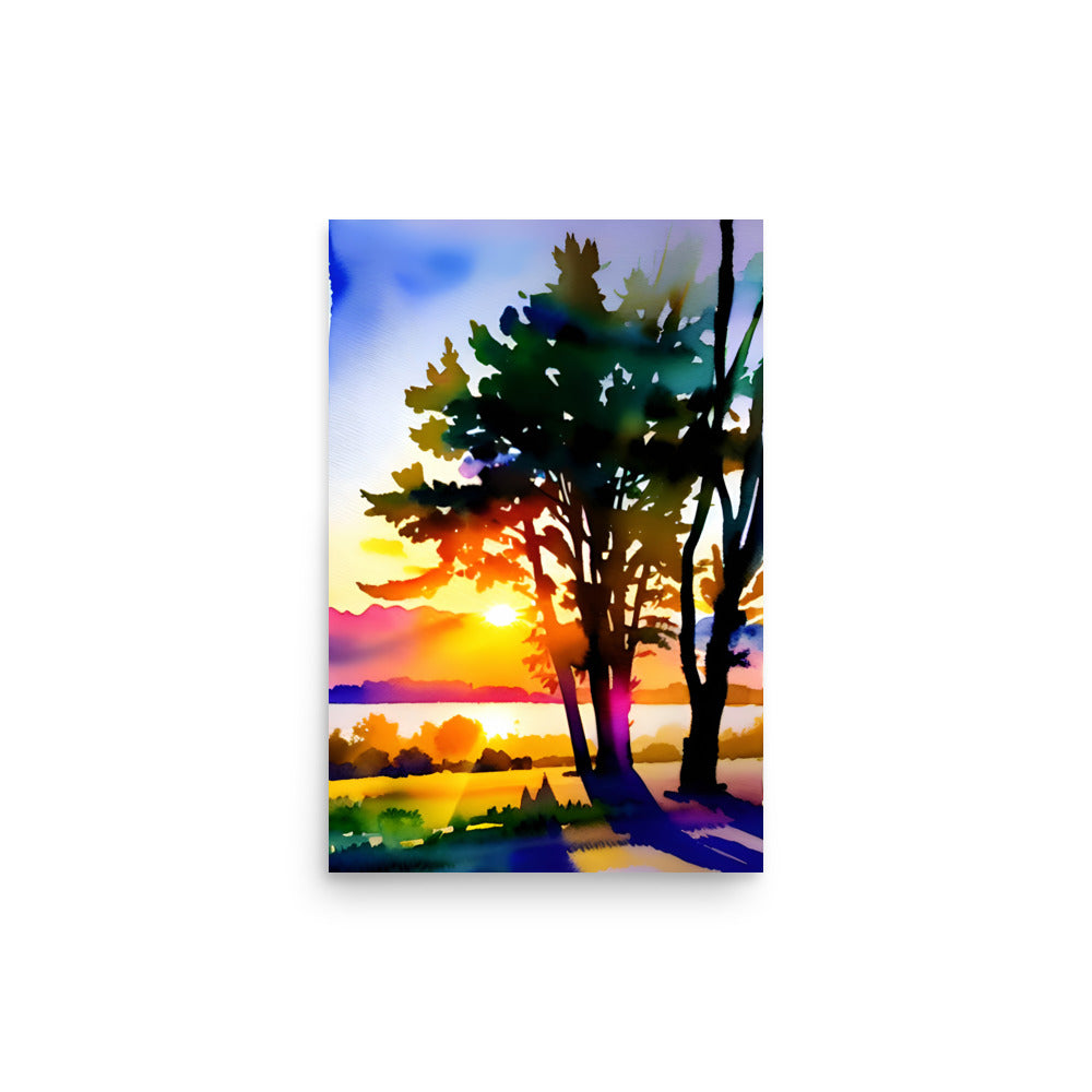 A Watercolor Sunset Painting -  Sunlight Beaming Through The Trees