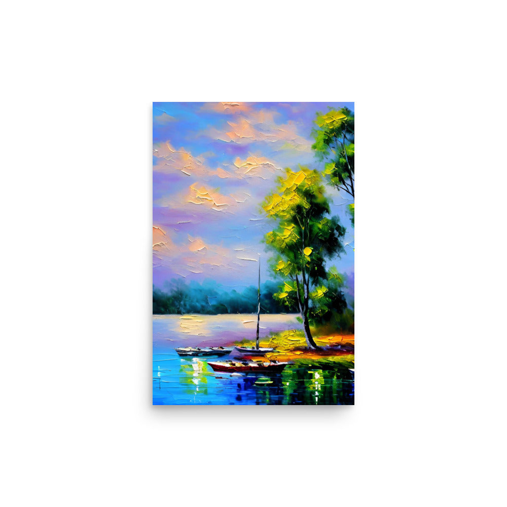 Vibrant landscape art captures serenity in. Colorful tree reflects upon calm waters. Sunset hues grace tranquil scenic view.