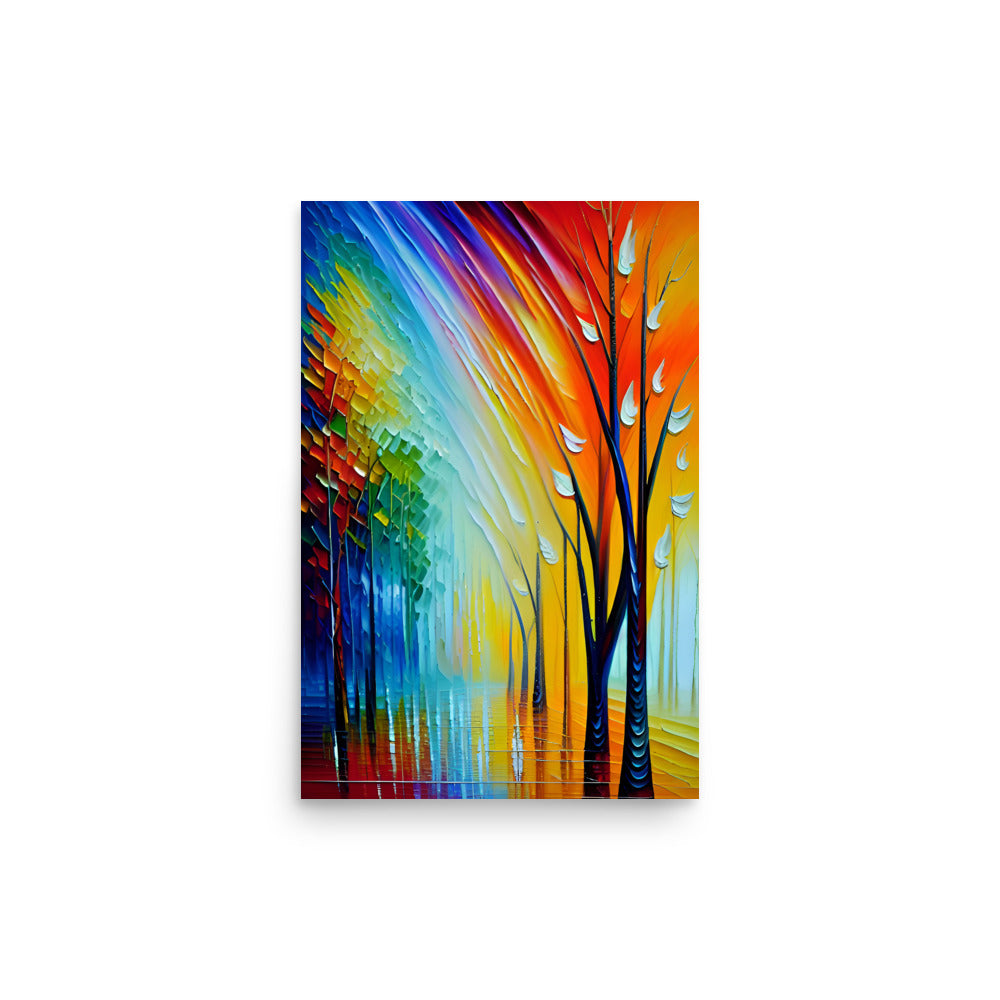 Art With Colorful Autumn Trees And Long Brushstrokes.