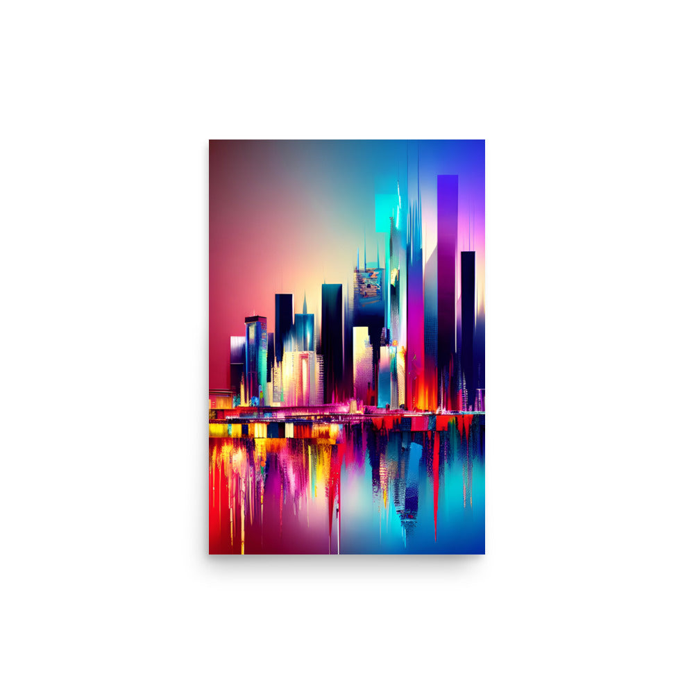 Vibrant skyscrapers soar in digital grandeur. Towering edifices reflect shimmering on serene waters. Abstract cityscape emanates vivid colorful vibrancy.