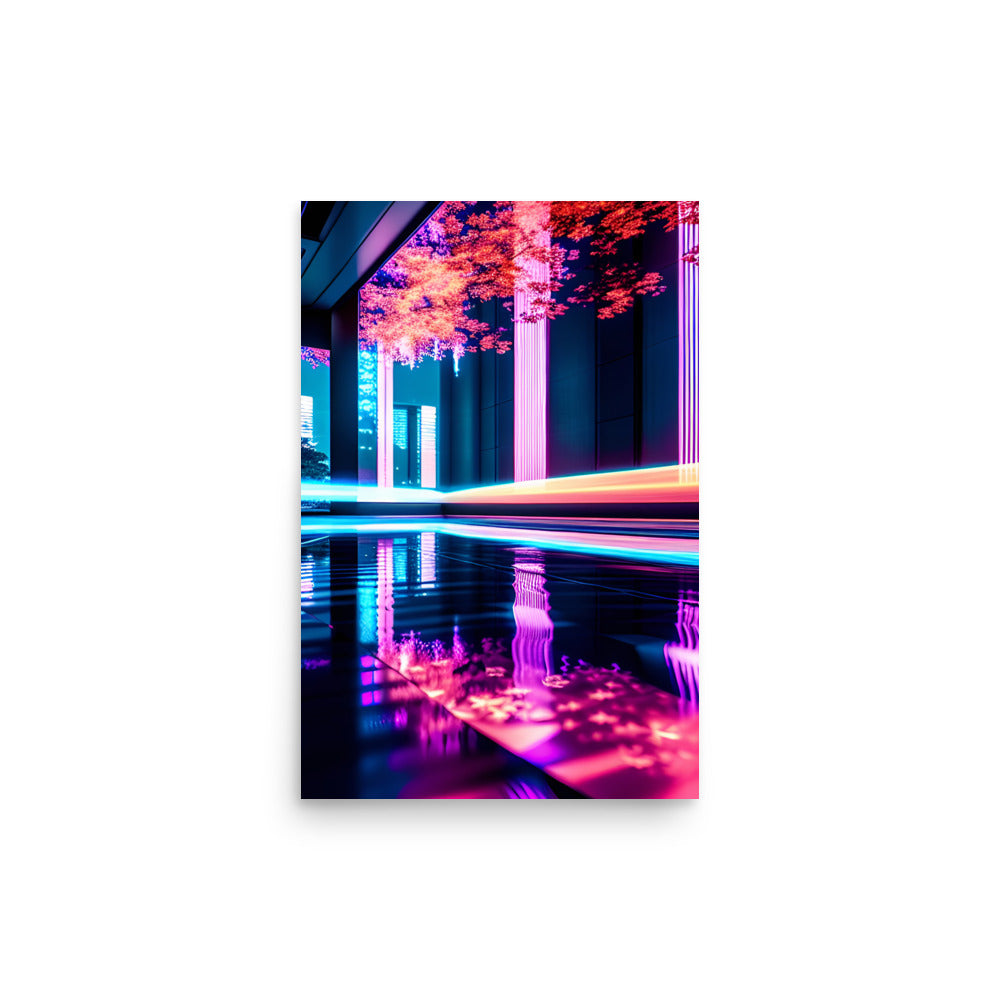 Neon hues saturate a dreamlike cityscape. Glowing pillars create an ethereal canopy overhead. Vivid light trails streak still waters below. Sleek architecture radiates surreal sophistication. Illumination converges wondrously with nature's essence.