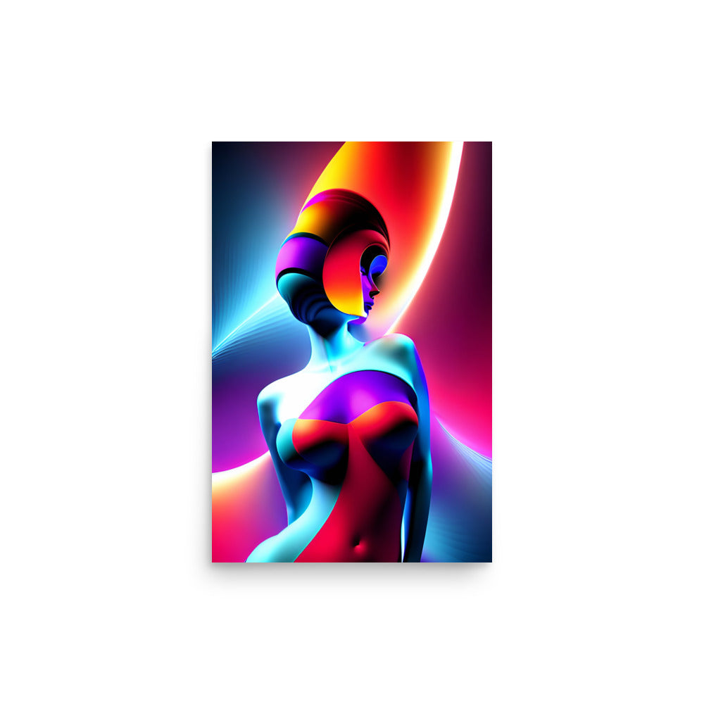 A colorful abstract artwork with a woman showing her beauty, standing confidently.