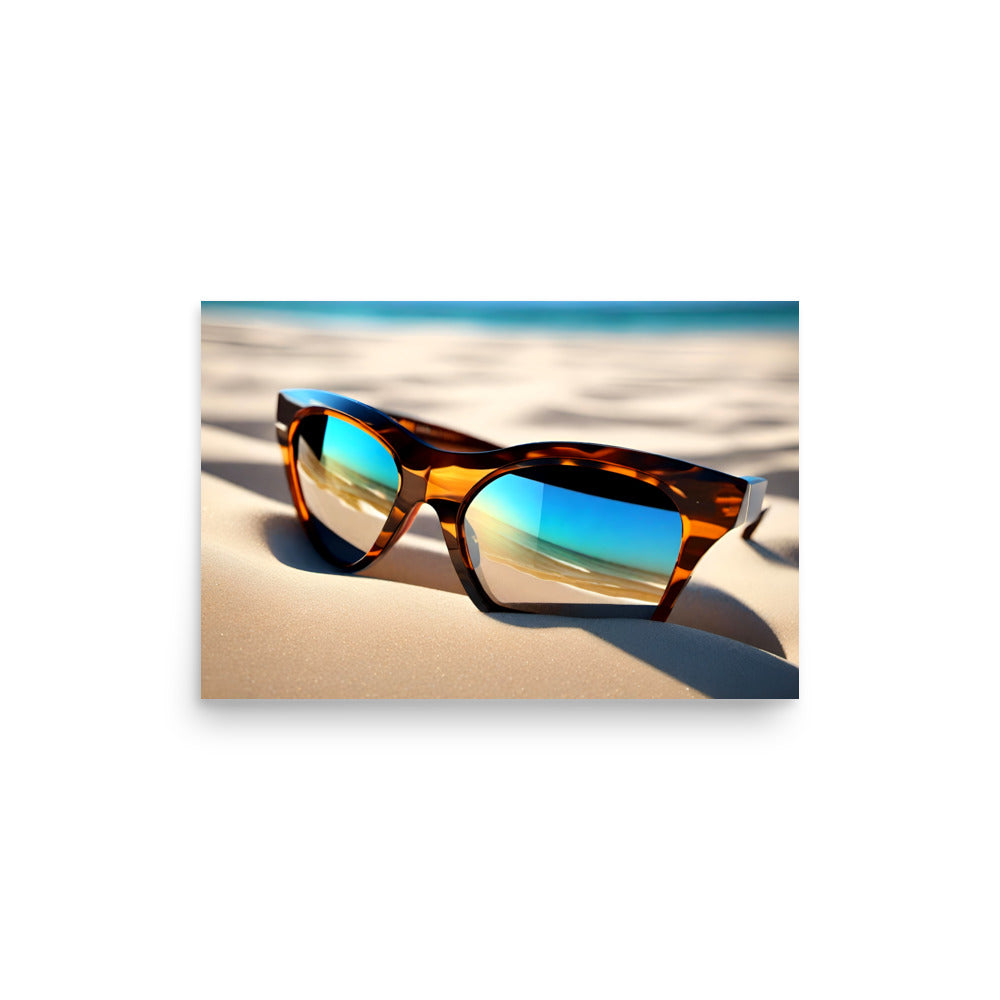 Stylish sunglasses with angular tortoiseshell frame rest on sandy beach. Striking blue-green mirrored lenses reflect sky, ocean colors. Long shadow enhances depth, contrast; exudes summer relaxation vibes.