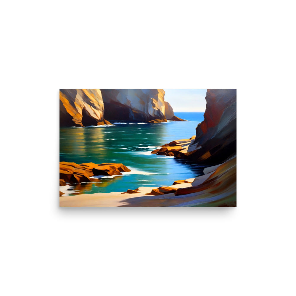 Towering cliffs dominate coastal scenery. Warm hues paint rugged rock formations. Serene turquoise waters reflect rocky patterns. Boulders line sandy shores toward horizon's blue. Vivid brushstrokes capture nature's raw grandeur.