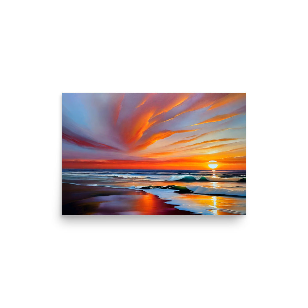Coastal painting art prints depicting tranquil beaches with distant sun setting under