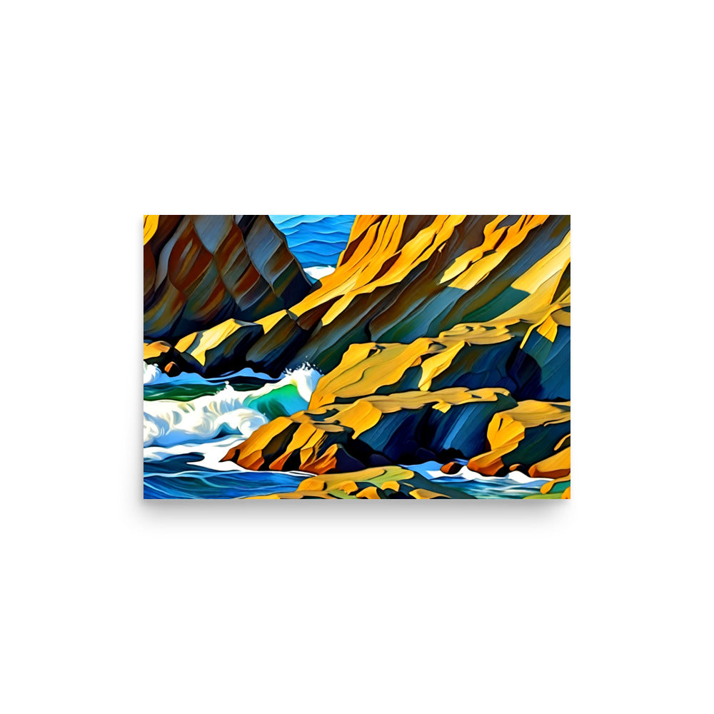 Majestic oceanside artwork with crashing waves on rocky shoreline with sunlight painting