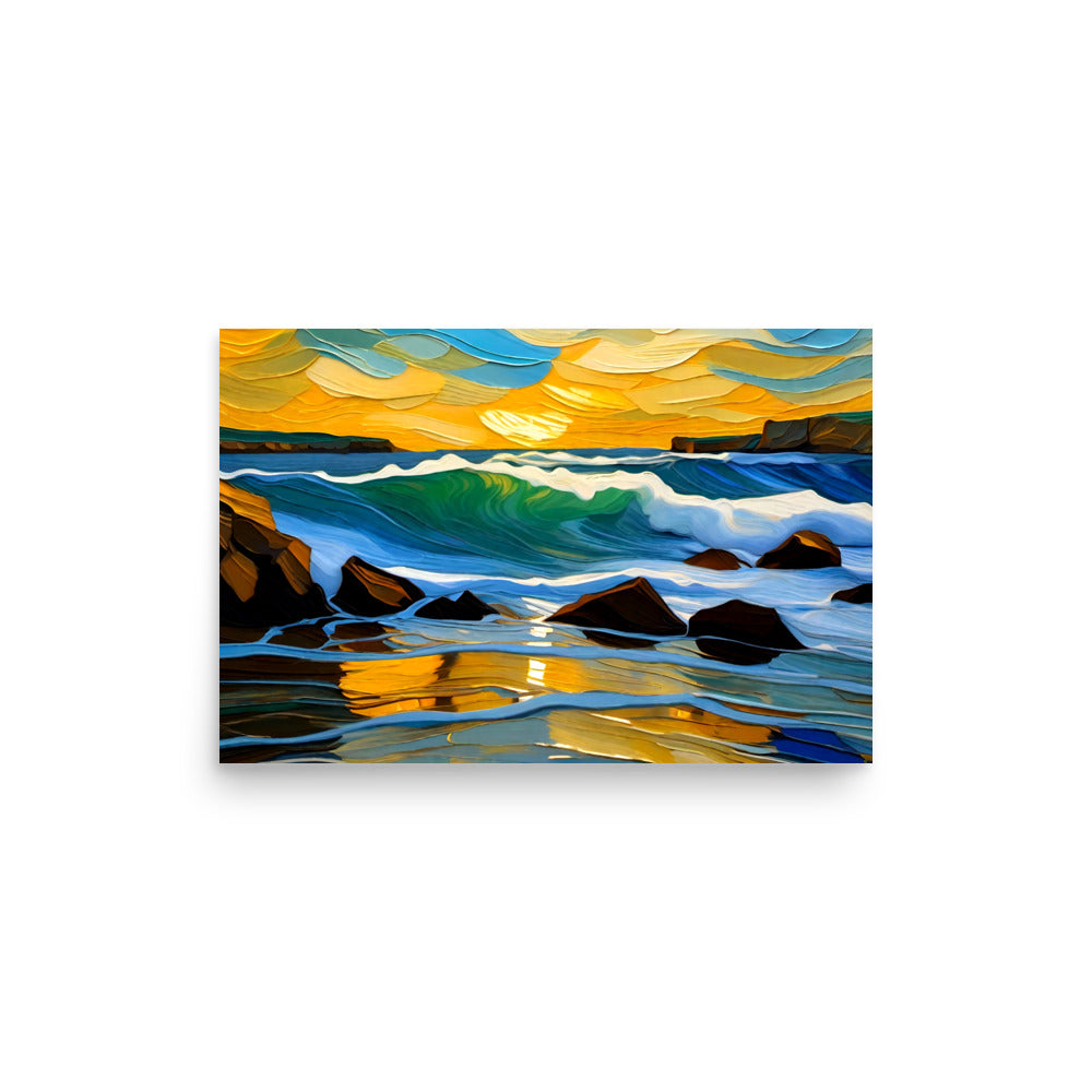 Beautiful golden sunset illuminates tranquil ocean. Vibrant colors paint sky mirrored on undulating blue-green waves. Rugged dark rocks protrude from peaceful sea.