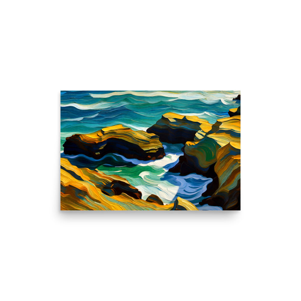 Crashing waves in shades of blue clash. Yellow jagged rocks stand firm against them. Vibrant teal hues portray an abstract ocean scene.