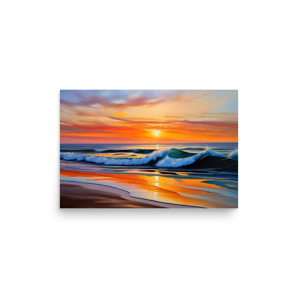 Sunset-hued seascape art prints capturing the vibrant oranges and pinks as waves