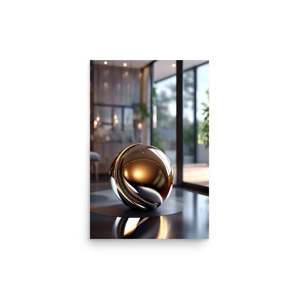 A gold metallic sphere sits on a table in a living room, reflecting