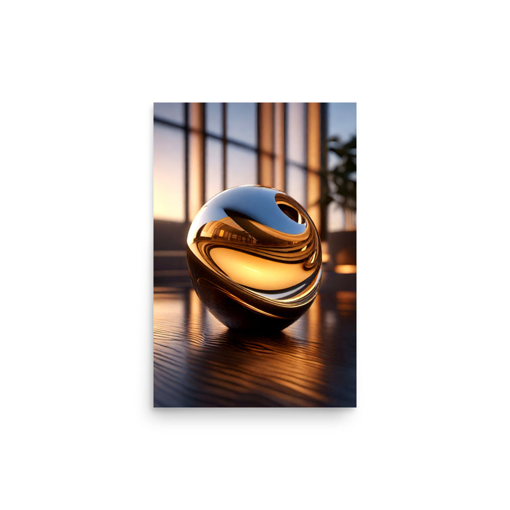 A golden crystal sphere on a reflective surface, is creating a mesmerizing effect.