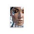 Woman's metallic face sculpted precisely. Golden shimmering eyeshadow adorns her appearance. Close-up portrait.