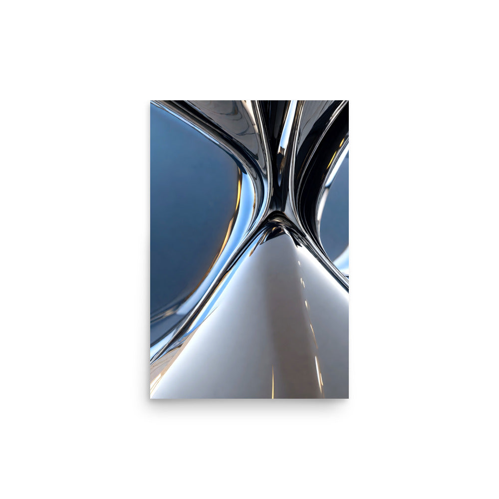An abstract shiny white curved metal sculpture art with sky blue reflections.