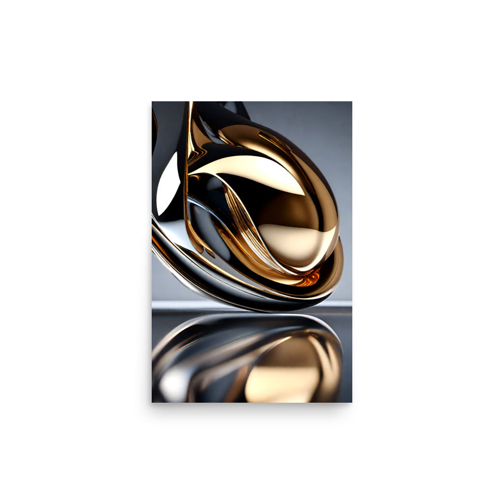 Artwork with a gold colored curved object sitting on a reflecting mirrored surface.