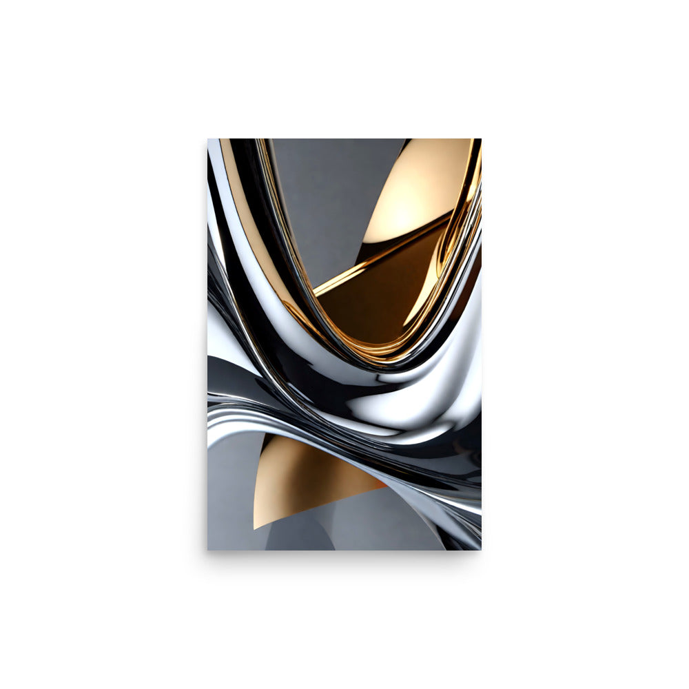Shiny gold and silver metallic sculpture, displayed on a mirrored surface.