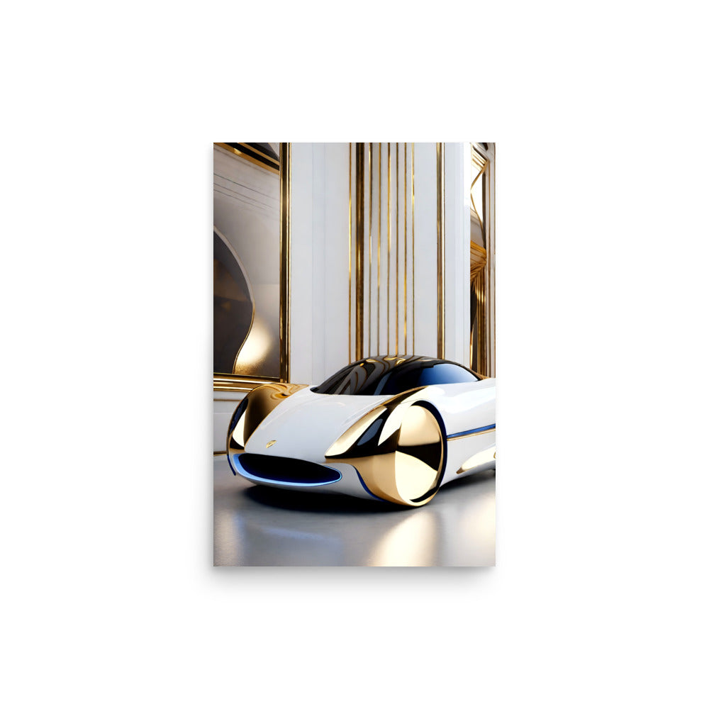 A beautiful sleek car. An innovative design with gold accents, brilliant white paint.