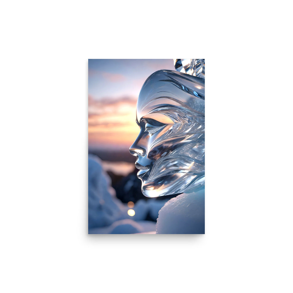 A chilling artwork of an ice sculpture with a beautiful sunset shining through it.