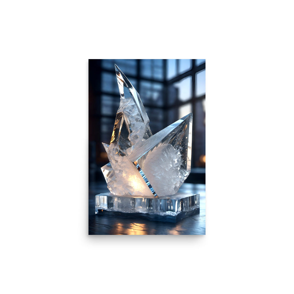 A crystal artwork with sunlight beaming through it gives the sculpture a warm glow.