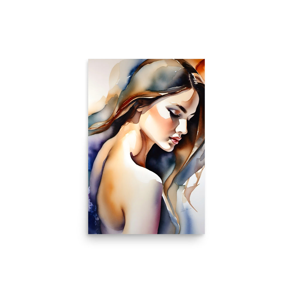 A watercolor painting of a beautiful woman with long hair with colorful brushstrokes.