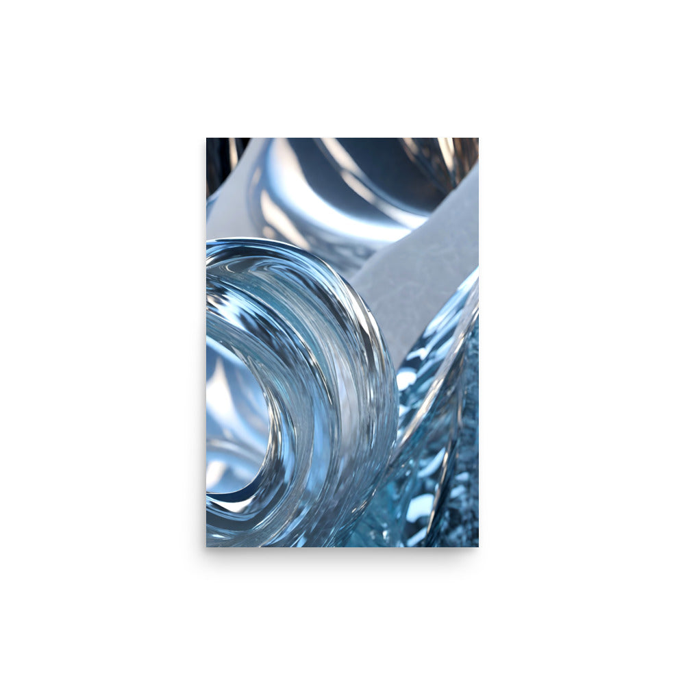 A wave of blue glass is displayed in this artwork creating a mesmerizing art piece.