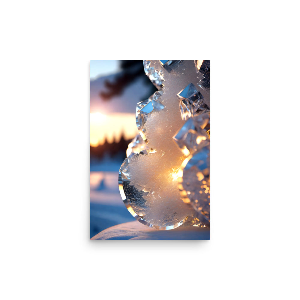 A beautifully formed ice with a sunset brightly shining through pine trees.