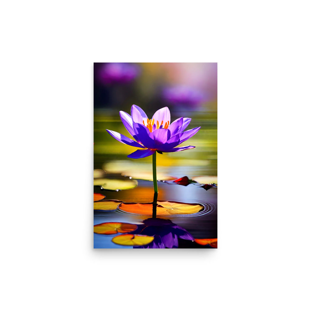 A purple water lily blooming in a pond full of beautiful lily pads.
