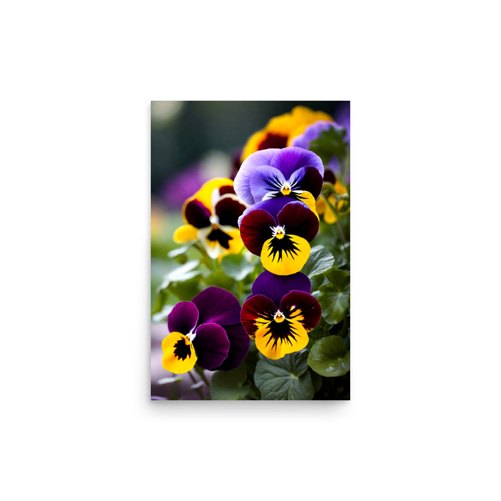 Art prints for Pansy lovers, vibrant yellow, deep purples in an artistic composition.