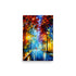A Colorful paletteknife painting of reflective streets ,colorful trees and street lamps.